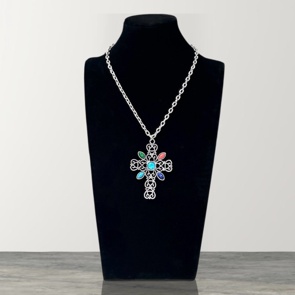 Vintage 1970s Avon Romanesque Cross Necklace Silvertone Multicolor Cabochon